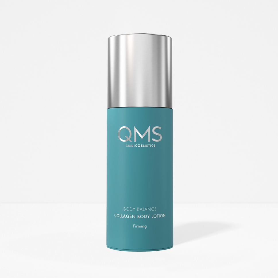 QMS skincare bottle with silver cap on a white background