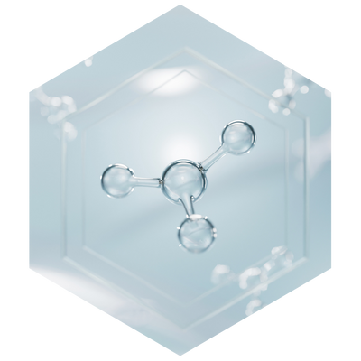 Hexagonal crystal with molecular structure on a light blue background